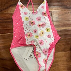 LoveShackFancy Pink and White Floral One Piece Swimsuit